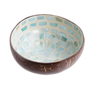 COCONUT decorative bowl made of coconut with mother-of-pearl, white-turquoise blue mosaic Ø 13.5cm