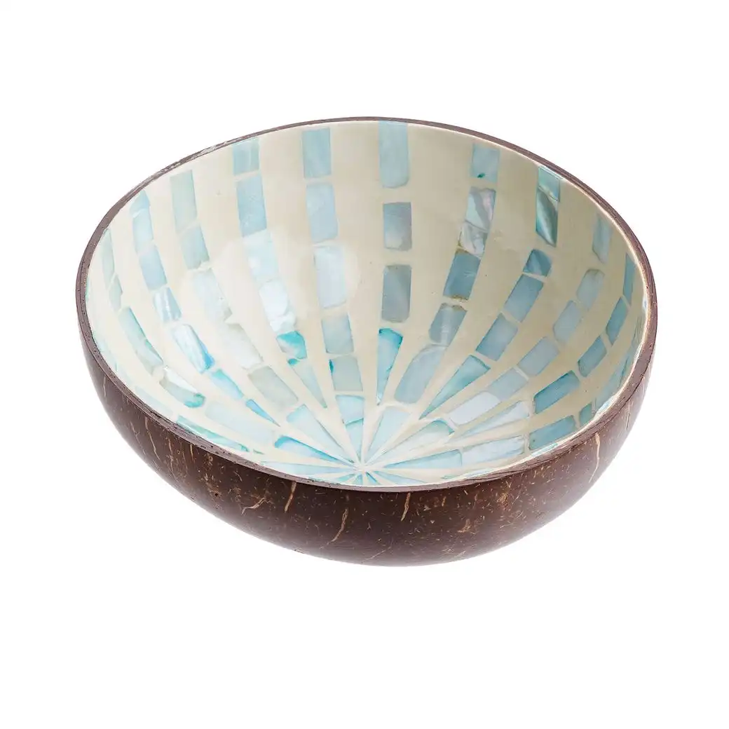 COCONUT decor bowl made of coconut with mother-of-pearl, white-turquoise stripes Ø 13.5cm - Image 2