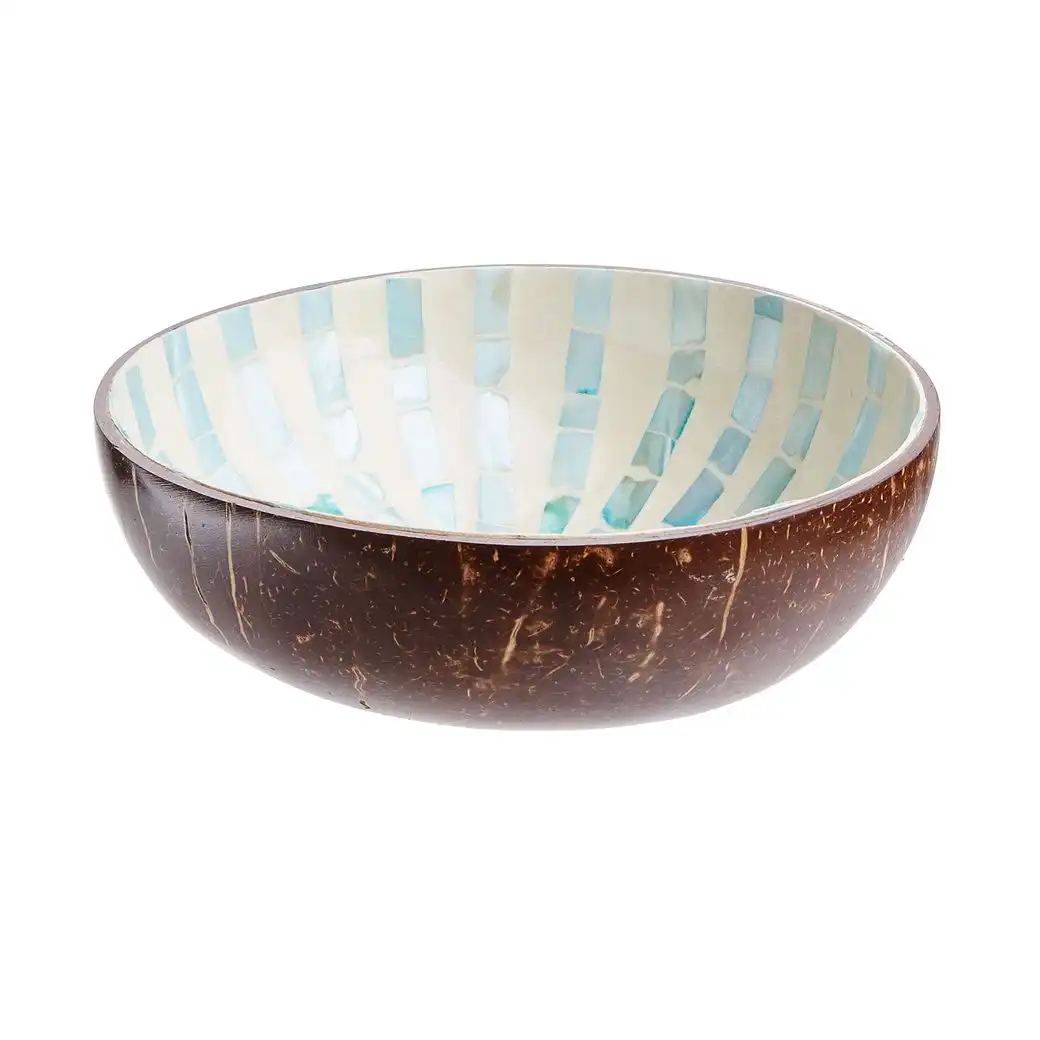 COCONUT decor bowl made of coconut with mother-of-pearl, white-turquoise stripes Ø 13.5cm